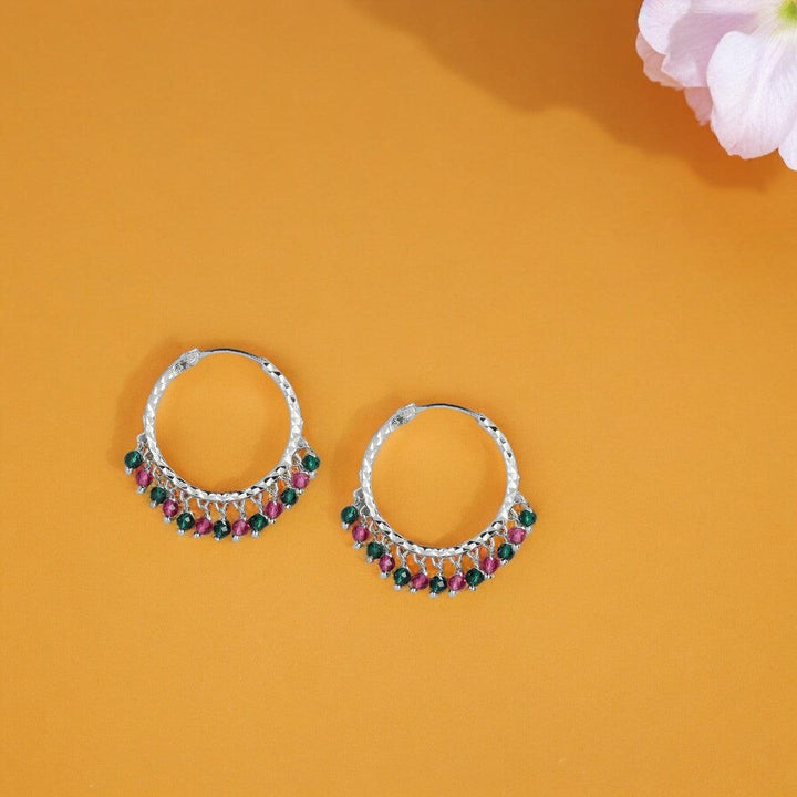 Silver Hoop Earrings with Pink and Green Beads - Trendisia