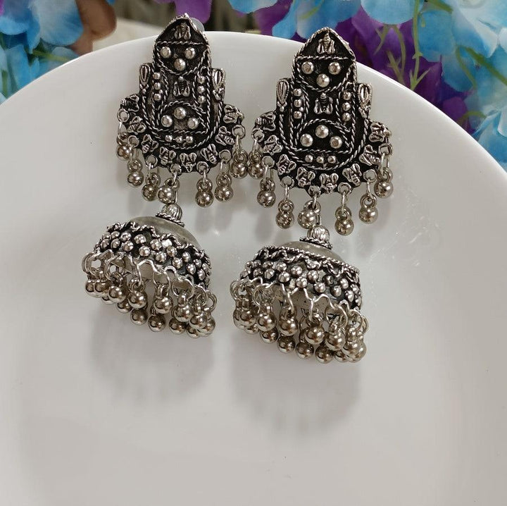 Silver Oxidised Jhumka Earring- OXDER 4220 - Trendisia