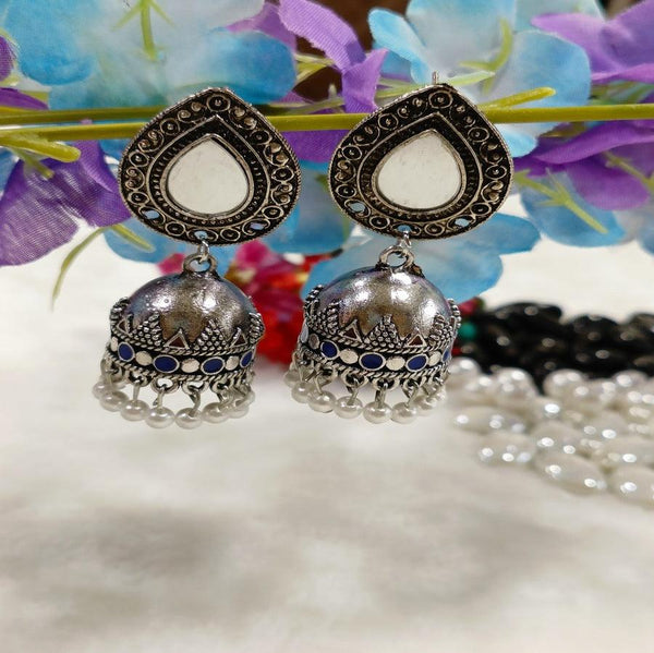 Silver Oxidised Kundan Mirror Jhumka Earring- OXDER 4223 - Trendisia