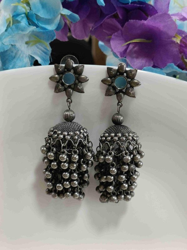 Silver Oxidised Mirror Floral Afghani Jhumka Earring- OXDER 4219 - Trendisia