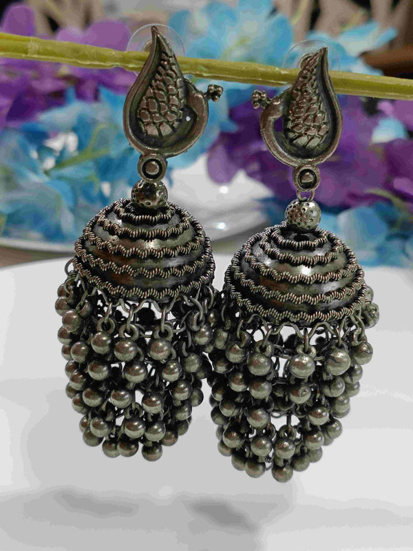 Silver Oxidised Peacock Design Jhumka Earring- OXDER 4221 - Trendisia