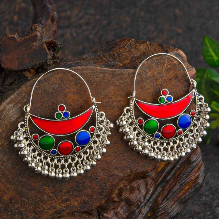 Silver Plated Chand Bali Style Multicolored Enamel Artwork Antique Earring- AER 2201 - Trendisia