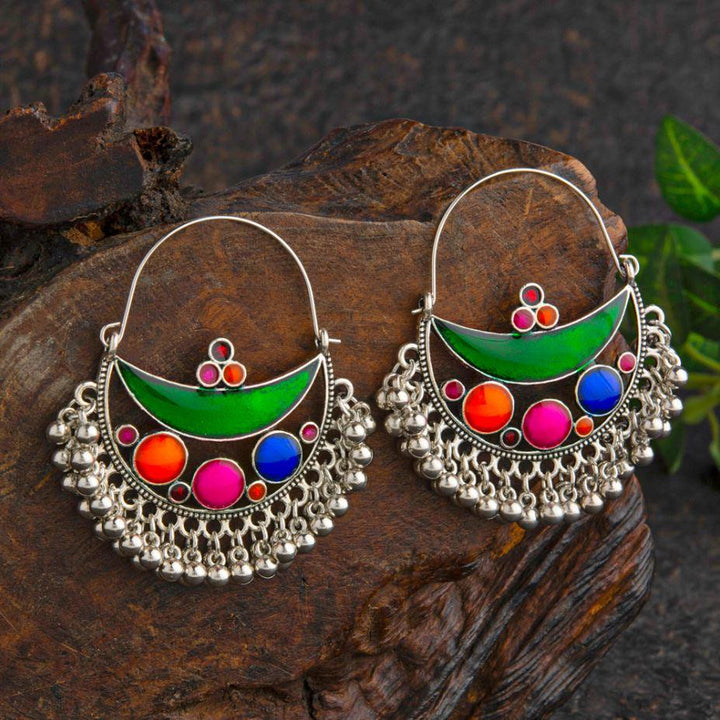 Silver Plated Chand Bali Style Multicolored Enamel Artwork Antique Earring- AER 2201 - Trendisia