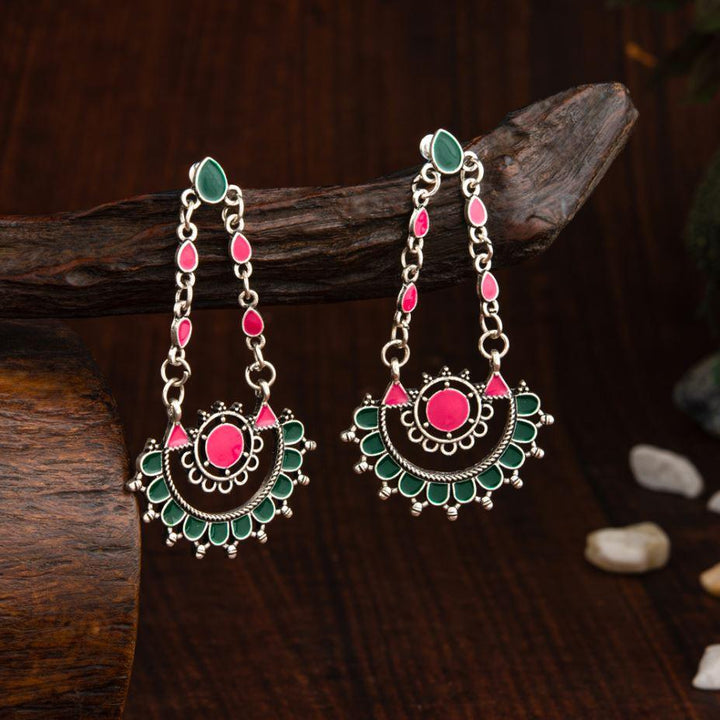 Silver Plated Dual Colored Enamel Designed Artwork Fashion Antique Earring- AER 2211 - Trendisia