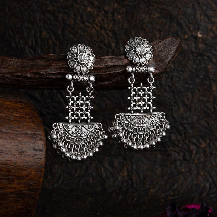 Silver Plated Floral Artwork Design Stone Studded With Beads Fashion Antique Earring- AER 1564 - Trendisia