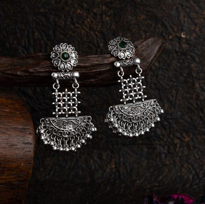 Silver Plated Floral Artwork Design Stone Studded With Beads Fashion Antique Earring- AER 1564 - Trendisia