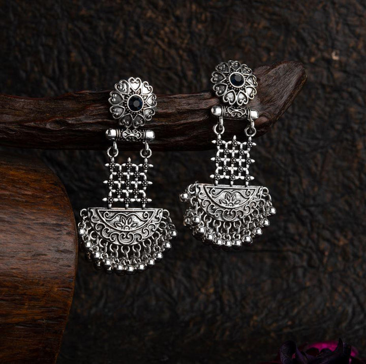 Silver Plated Floral Artwork Design Stone Studded With Beads Fashion Antique Earring- AER 1564 - Trendisia