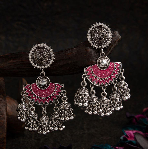 Silver Plated Floral Designed Stone &amp; Enamel Artwork Antique Jhumki Earring- AER 1627 - Trendisia