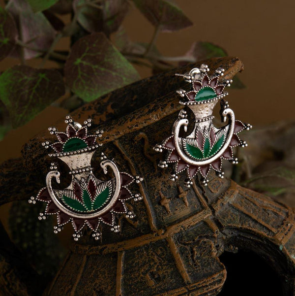 Silver Plated Floral Kalash Style Enamel Artwork Fashion Antique Earring- AER 1704 - Trendisia