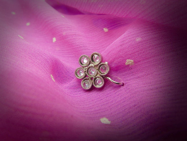 Silver-Plated Floral Kundan Nose Ring - Trendisia