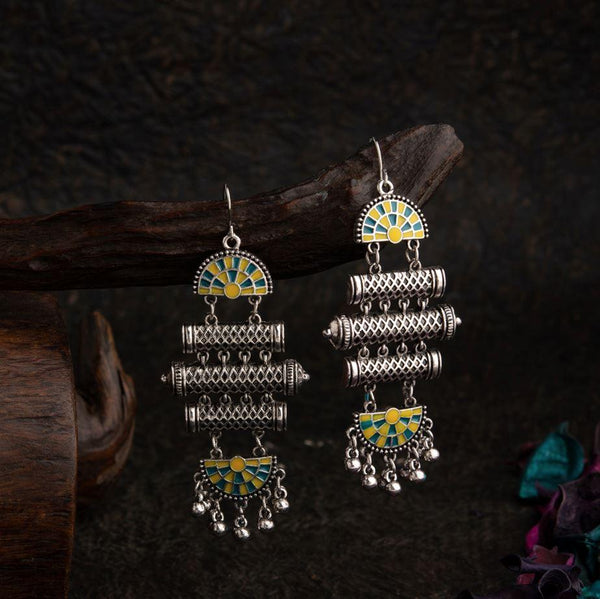 Silver Plated Geometric Shaped Dual Colored Enamel Artwork With Beads Fashion Antique Earring- AER 1566 - Trendisia