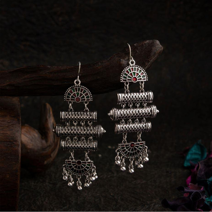 Silver Plated Geometric Shaped Dual Colored Enamel Artwork With Beads Fashion Antique Earring- AER 1566 - Trendisia