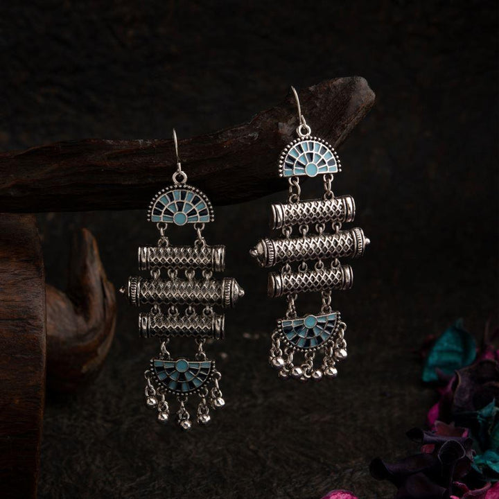 Silver Plated Geometric Shaped Dual Colored Enamel Artwork With Beads Fashion Antique Earring- AER 1566 - Trendisia