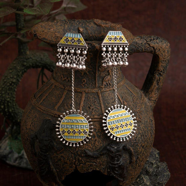 Silver Plated Geometric Shaped Enamel Artwork With Beads Designed Antique Earring- AER 1610 - Trendisia