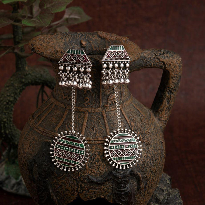 Silver Plated Geometric Shaped Enamel Artwork With Beads Designed Antique Earring- AER 1610 - Trendisia