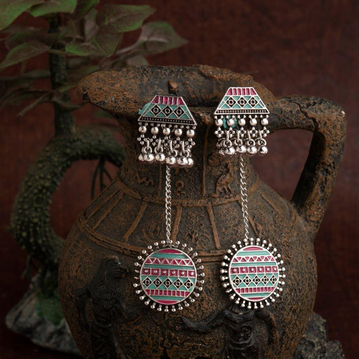 Silver Plated Geometric Shaped Enamel Artwork With Beads Designed Antique Earring- AER 1610 - Trendisia