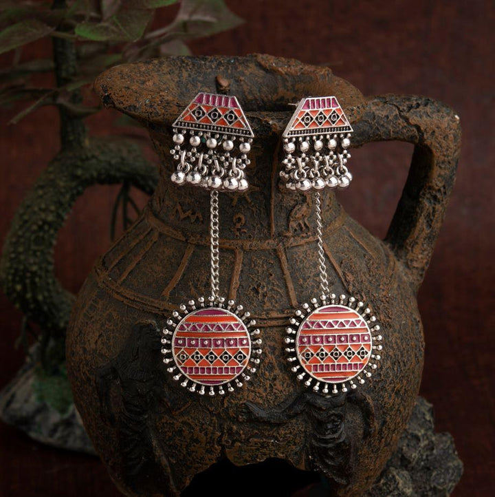 Silver Plated Geometric Shaped Enamel Artwork With Beads Designed Antique Earring- AER 1610 - Trendisia