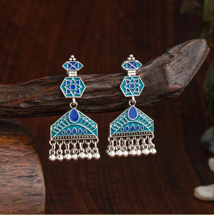 Silver Plated Geometric Shaped Enamel Artwork With Dangling Chain Fashion Antique Earring- AER 2187 - Trendisia