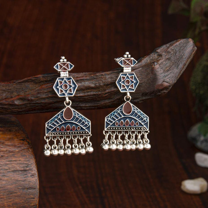 Silver Plated Geometric Shaped Enamel Artwork With Dangling Chain Fashion Antique Earring- AER 2187 - Trendisia