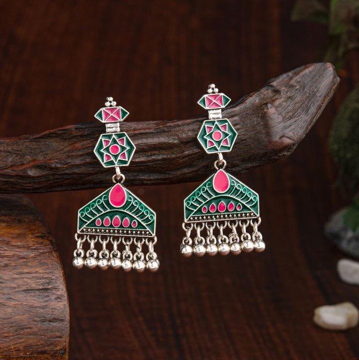 Silver Plated Geometric Shaped Enamel Artwork With Dangling Chain Fashion Antique Earring- AER 2187 - Trendisia