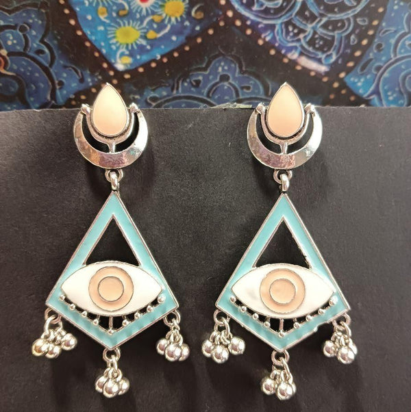 Silver Plated Geometric Shaped With Evil Eye Enamel Artwork Fashion Antique Fashion Earring- AER 1641 - Trendisia