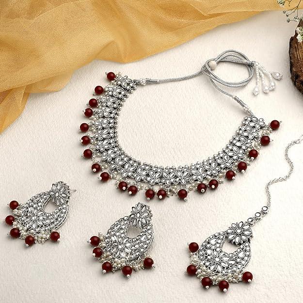 Silver Plated Kundan Studded Beaded Jewellery Set - Trendisia