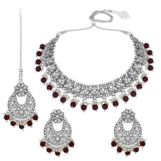 Silver Plated Kundan Studded Beaded Jewellery Set - Trendisia