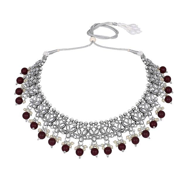 Silver Plated Kundan Studded Beaded Jewellery Set - Trendisia