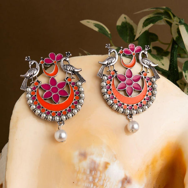 Silver Plated Peacock Design Chandbali Floral Enamel Artwork Pearl Fashion Antique Earring- AER 1640 - Trendisia