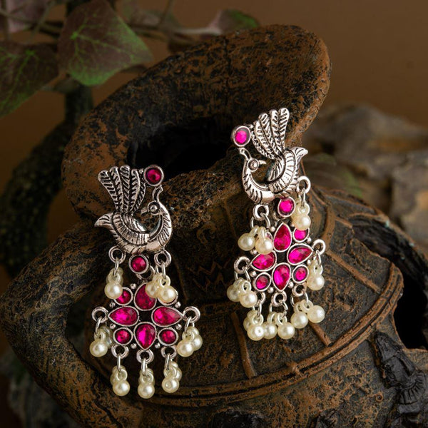 Silver Plated Peacock Design Stone Studded With Hanging Pearl Fashion Antique Earring- AER 1650 - Trendisia