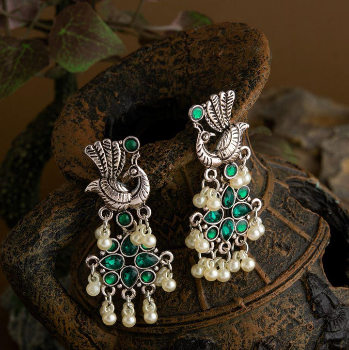 Silver Plated Peacock Design Stone Studded With Hanging Pearl Fashion Antique Earring- AER 1650 - Trendisia