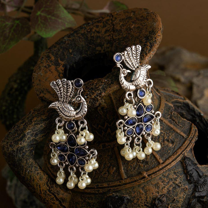 Silver Plated Peacock Design Stone Studded With Hanging Pearl Fashion Antique Earring- AER 1650 - Trendisia