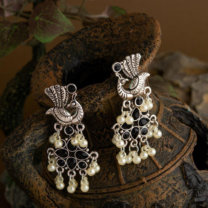 Silver Plated Peacock Design Stone Studded With Hanging Pearl Fashion Antique Earring- AER 1650 - Trendisia