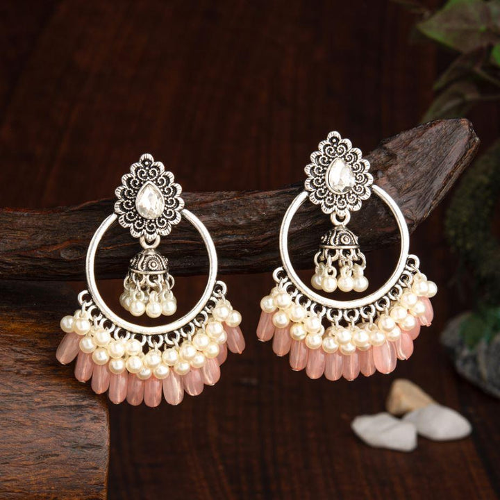 Silver Plated Round Shaped Designed Artwork With Droplet Pearl &amp; Colorful Beads Fashion Antique Earring- AER 2206 - Trendisia