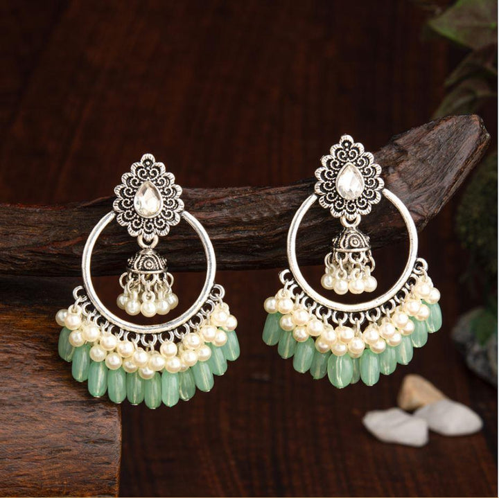 Silver Plated Round Shaped Designed Artwork With Droplet Pearl &amp; Colorful Beads Fashion Antique Earring- AER 2206 - Trendisia