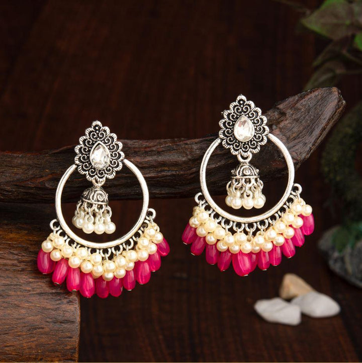 Silver Plated Round Shaped Designed Artwork With Droplet Pearl &amp; Colorful Beads Fashion Antique Earring- AER 2206 - Trendisia