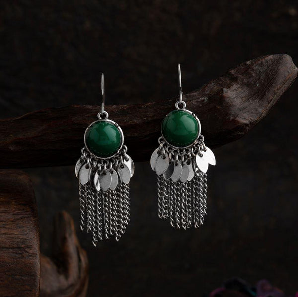 Silver Plated Stone Studded With Hanging Chain &amp; Charms Fashion Western Earring-WER 1555 - Trendisia