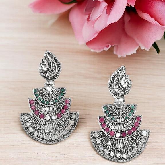Silver-Plated Studded Filigree Earrings - Trendisia