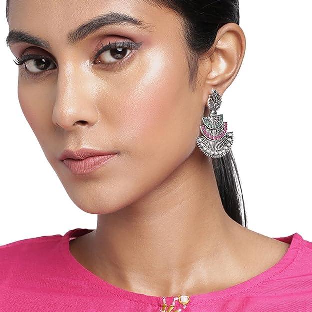 Silver-Plated Studded Filigree Earrings - Trendisia