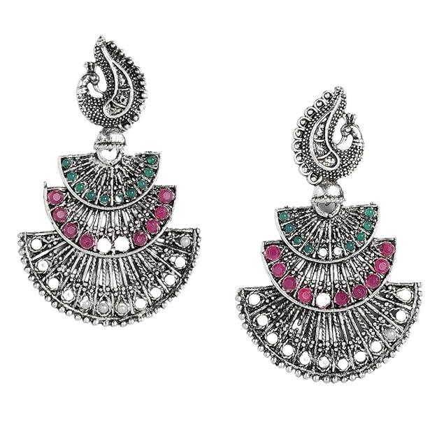 Silver-Plated Studded Filigree Earrings - Trendisia