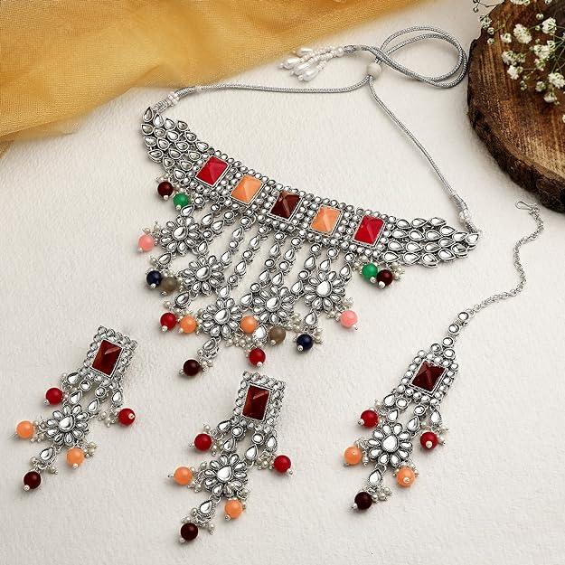 Silver-Plated -Studded Pearl Jewellery Set - Trendisia