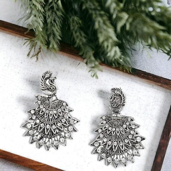 Silver-Plated White Peacock Shaped Drop Earrings - Trendisia