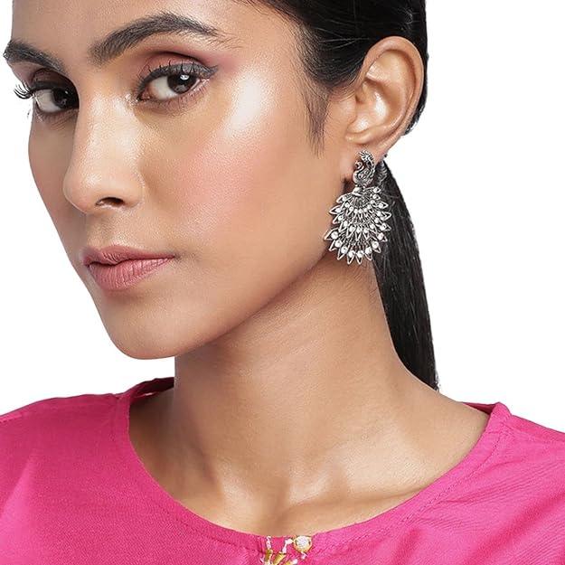 Silver-Plated White Peacock Shaped Drop Earrings - Trendisia