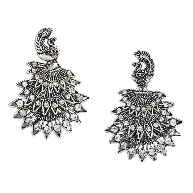 Silver-Plated White Peacock Shaped Drop Earrings - Trendisia