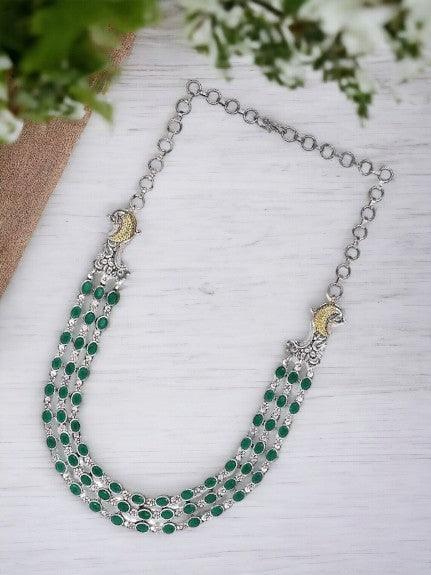 Silver-Toned Green Brass Oxidised Necklace - Trendisia