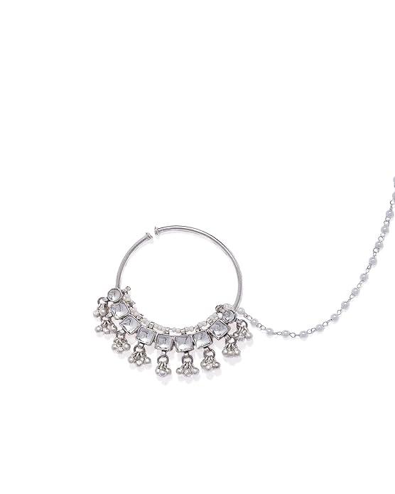 Silver-Toned Handcrafted Jadau Pachi Kundan Nose Ring With Chain - Trendisia