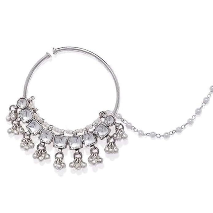 Silver-Toned Handcrafted Jadau Pachi Kundan Nose Ring With Chain - Trendisia