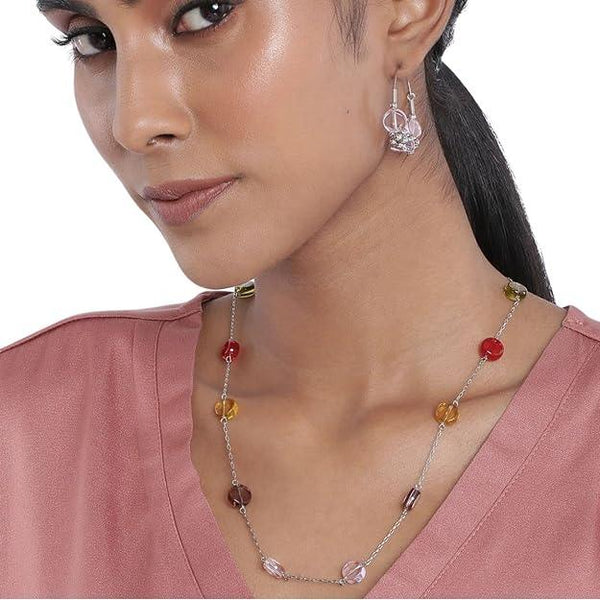 Silver-Toned Red Yellow Stone-Studded Contemporary Jewellery Set - Trendisia