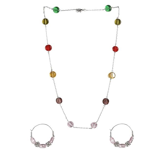 Silver-Toned Red Yellow Stone-Studded Contemporary Jewellery Set - Trendisia