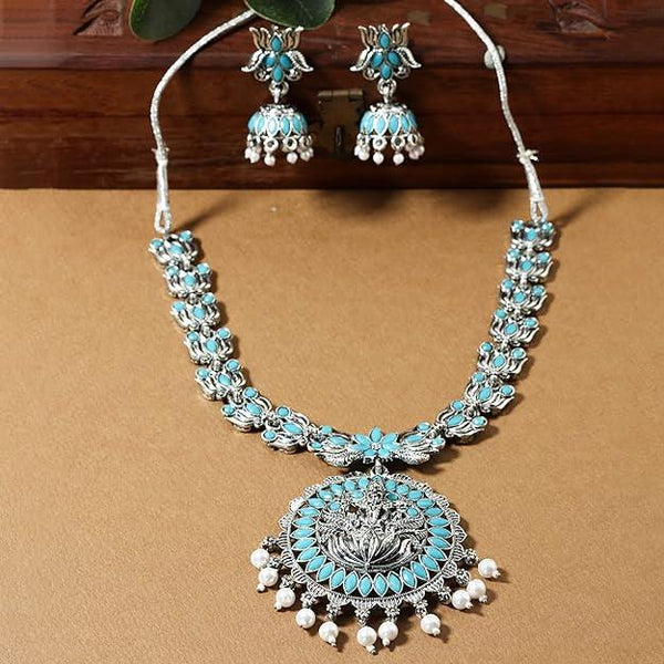 Silver-Toned Temple Design Long Jewellery Set - Trendisia